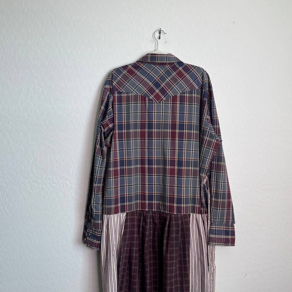 Wrangler Upcycled Western Patchwork Shirt Dress Plaid Striped Oversized Midi - Picture 11 of 11